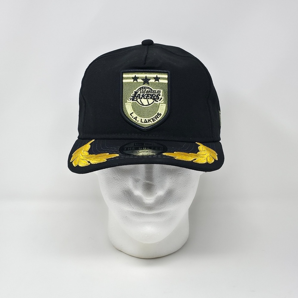 New Era Golfer Los Angeles Lakers Military Patch Pre-Curved Snapback Hat Cap‎